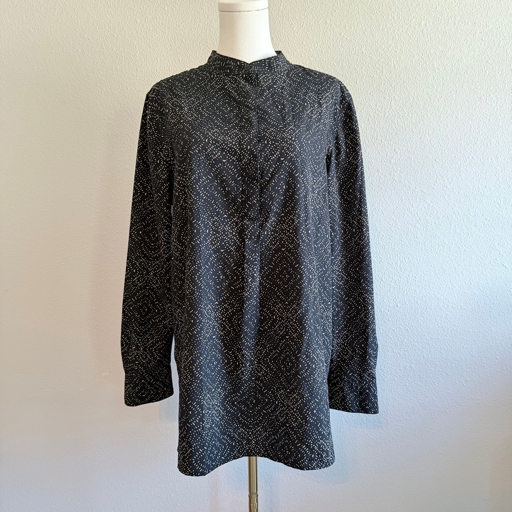 Lauren Ralph Lauren Classic Black Tan Dash Print Tunic Band Collar Blouse Large